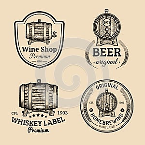 Wooden barrels collection for alcohol drinks icons or signs. Hand sketched kegs emblems.Whiskey,beer,wine logotypes set.