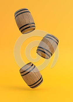 Wooden barrels in flight on a yellow background