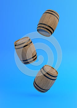 Wooden barrels in flight on a yellow background