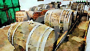 Wooden barrels inside a cellar for aging red wine.
