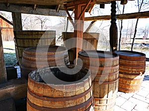 Wooden barrels in an old romanian peasant farm