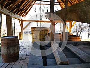 Wooden barrels in an old romanian peasant farm