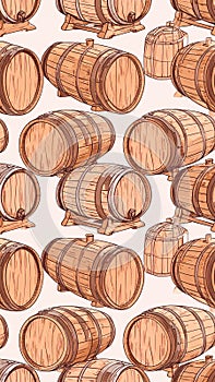 Wooden Barrels Pattern on Beige Background