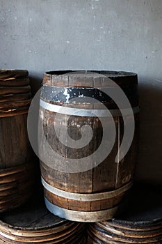 Wooden barrels on a pile