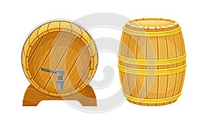 Wooden barrels set. Traditional oak cask with tap for wine, rum, beer, cognac, whiskey vector illustration