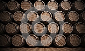 Wooden barrels stacked full background, 3d rendering