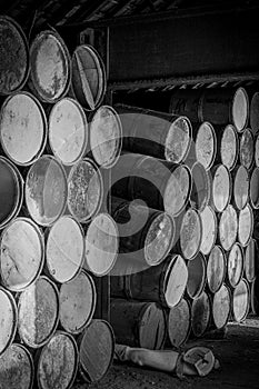 wooden barrels stacked in old abandoned industry building