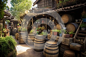 wooden barrels stacked in rustic outdoor brewery