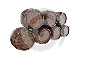 Wooden barrels for whiskey on a white background. 3D rendering, 3D illustration
