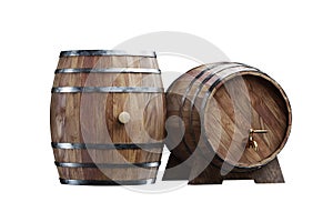 Wooden barrels for whiskey on a white background. 3D rendering, 3D illustration