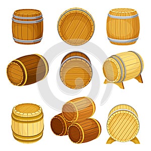 Wooden barrels for wine or beer set. Oak casks for storing alcoholic beverages vector illustration