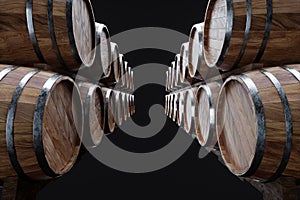 Wooden barrels for wine on a black background. Winemaking, wine. The concept of the production of alcoholic beverages. 3D