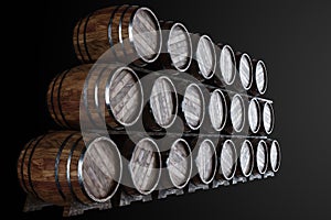 Wooden barrels for wine on a black background. Winemaking, wine. The concept of the production of alcoholic beverages. 3D