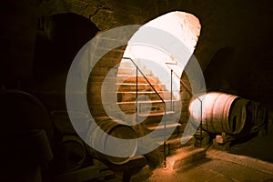 Wooden barrels in a wine cellar