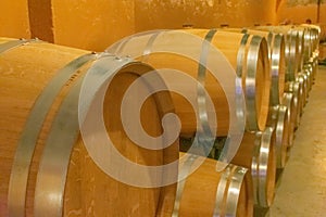 wooden barrels for wine storage in cellars