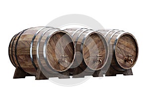 Wooden barrels for wine on a white background. Winemaking, wine. The concept of the production of alcoholic beverages. 3D