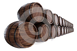 Wooden barrels for wine on a white background. Winemaking, wine. The concept of the production of alcoholic beverages. 3D