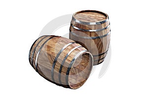 Wooden barrels for wine on a white background. Winemaking, wine. The concept of the production of alcoholic beverages. 3D