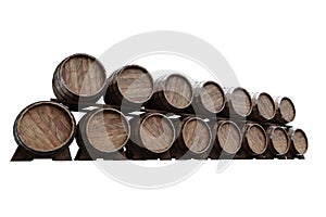 Wooden barrels for wine on a white background. Winemaking, wine. The concept of the production of alcoholic beverages. 3D