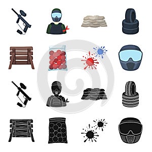 Wooden barricade, protective mask and other accessories. Paintball single icon in black,cartoon style vector symbol