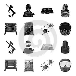 Wooden barricade, protective mask and other accessories. Paintball single icon in black,monochrome style vector symbol