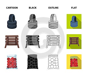 Wooden barricade, protective mask and other accessories. Paintball single icon in cartoon,black,outline,flat style