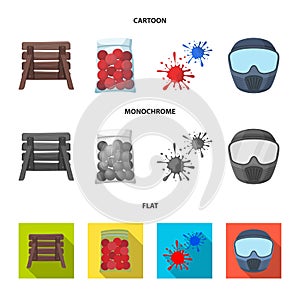 Wooden barricade, protective mask and other accessories. Paintball single icon in cartoon,flat,monochrome style vector