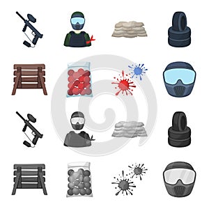 Wooden barricade, protective mask and other accessories. Paintball single icon in cartoon, monochrome style vector symbol