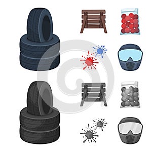 Wooden barricade, protective mask and other accessories. Paintball single icon in cartoon,monochrome style vector symbol