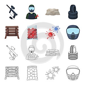 Wooden barricade, protective mask and other accessories. Paintball single icon in cartoon,outline style vector symbol