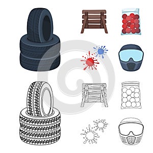 Wooden barricade, protective mask and other accessories. Paintball single icon in cartoon,outline style vector symbol