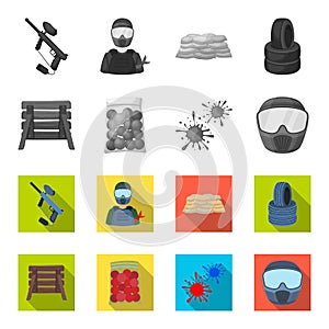 Wooden barricade, protective mask and other accessories. Paintball single icon in monochrome,flat style vector symbol