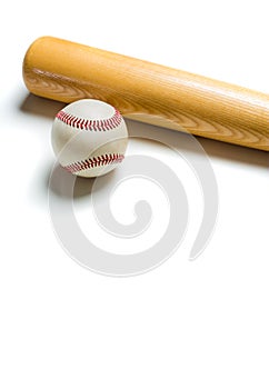 Wooden baseball bat and ball on white