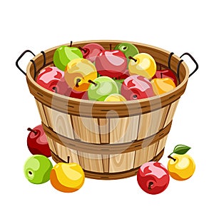 Wooden basket with colorful apples.