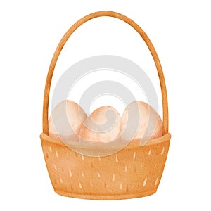 Wooden basket with eggs. Container with a handle, filled with fresh farm produce. Eggs make for a nutritious breakfast, rich in