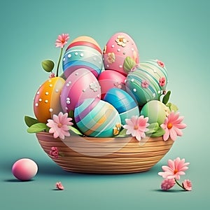 Wooden basket filled with painted pastel Easter Egg By generative Ai