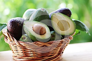 Wooden basket full avocados fruit