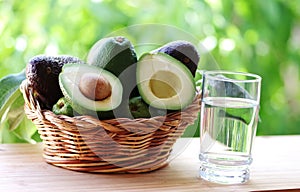 wooden basket full avocados fruit