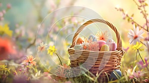 A wooden basket is full of colorful pastel Easter eggs on spring flowers and dawn blurred background with blank space for text.