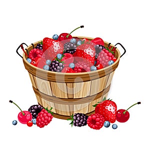 Wooden basket with various berries. Vector illustration.