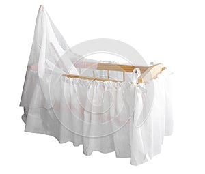 Wooden Bassinet with White Drapes