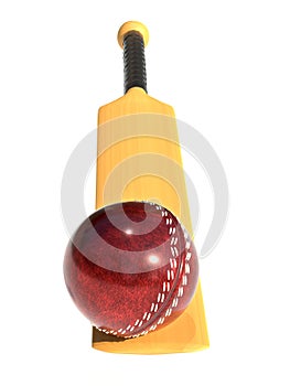 Wooden bat and leather red cricket ball 3d render illustration