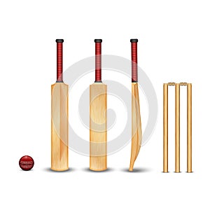 The wooden bat, wicket, the ball for the game of cricket, realistic 3D vector models with wooden texture of objects isolated on