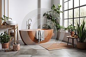 Wooden bath tub and greenery. Interior design of modern bathroom with grid window. Created with generative AI