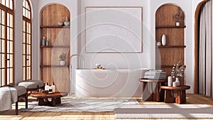 Wooden bathroom in boho style with arched door and windows, parquet floor. Freestanding bathtub, carpets and tables in white and
