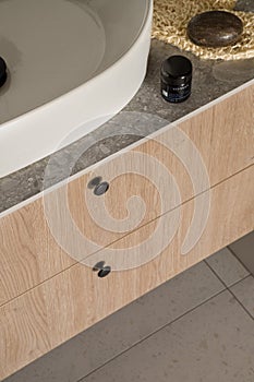 Wooden bathroom drawers, close-up