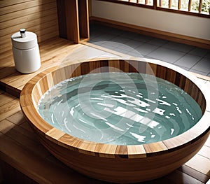 A wooden bathtub in a Japanese-style bathroom.