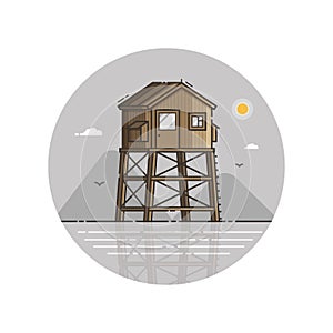 Wooden Bay Watch Tower in Line Art