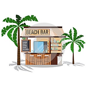 Wooden beach bar with palms tree, chair, trashcan with shadows isolated on white background