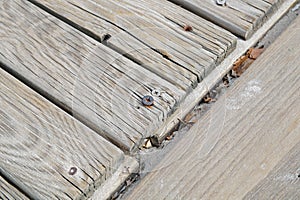 Wooden beach boardwalk with sand for texture or background.